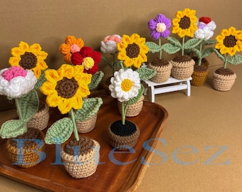 Handmade Crochet Flower Pot Decor -  Potted Flowers Knitted Potted, Sunflower, Daisy, Tulip, Rose flower, Nursery Decor, Small Flower in Pot