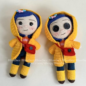 Girl with Button Eyes and Yellow Raincoat Crochet Doll, Blue-Haired Raincoat Girl Amigurumi, Halloween Inspired Plush Gift, READY TO SHIP