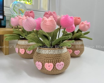 Crochet Tulip Flower Pot - Crochet Flower Pot, Tulip Crochet Flower, Mother's Day Gift, Home decor, Handmade Anniversary Flower Gift