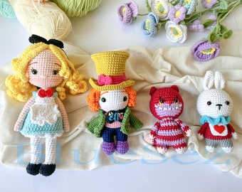 Alice im Wunderland Häkelpuppe - Alice im Wunderland Charakter Puppen, verrückter Hutmacher, Alice, das weiße Kaninchen, die Cheshire Cat Amigurumi Puppe