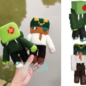 May include: Three crocheted Minecraft character plushies. The plushies are green, brown, and white. The green plushie has a red eye and a green hoodie. The brown plushie has a white shirt and brown pants. The white plushie has a white shirt and brown pants.
