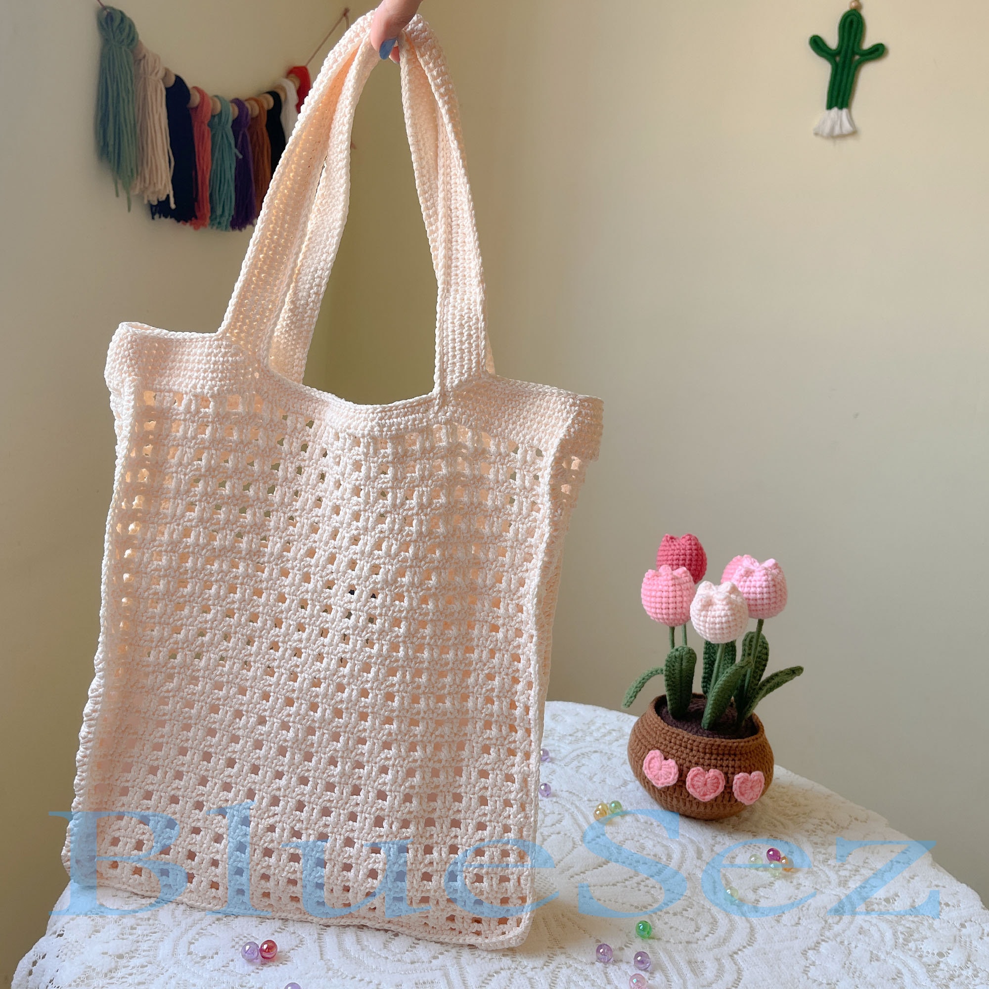 Crochet Tote Bag, Custom Beach Bag, Knit Bag, Vintage Bag