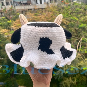 Crochet Cow Bucket Hat - Crochet Cow Print Hat, Cow Bucket Hat with Horns, Animal Bucket Hat, Sun hat - CUSTOM COLORS