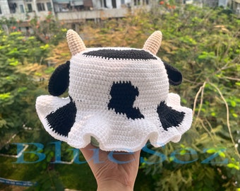 Crochet Cow Bucket Hat - Crochet Cow Print Hat, Cow Bucket Hat with Horns, Animal Bucket Hat, Sun hat - CUSTOM COLORS