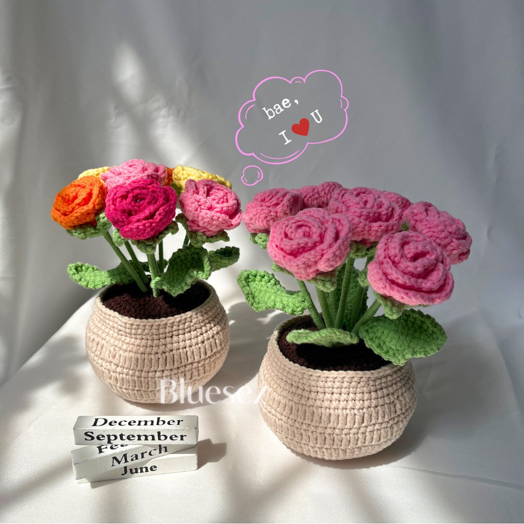 Crochet Flower Pot, Handmade Potted Flower Plant, Crochet Tulip, Rose ...