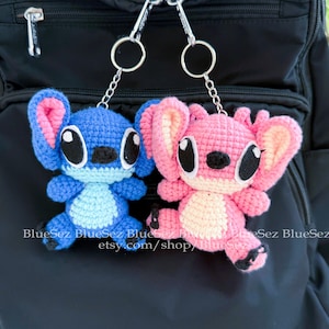 Stitch and Angel Crochet Doll, Alien Plushies, Cute Stitch Keychain, Crochet Angel Pink Alien, Loli and Stitch Amigurumi, Stitch Plushie Toy
