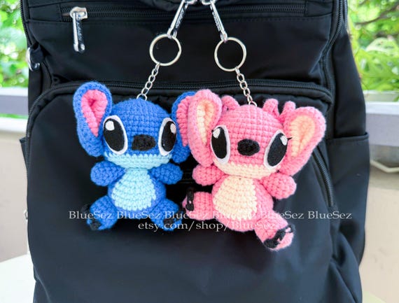 Stitch and Angel Crochet Doll, Alien Plushies, Cute Stitch Keychain, Crochet Angel Pink Alien, Loli and Stitch Amigurumi, Stitch Plushie Toy