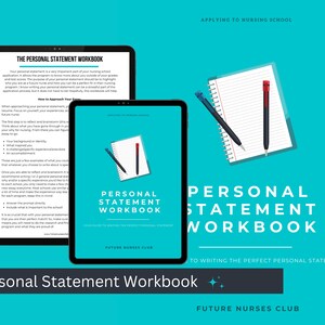 Könnte beinhalten: Ein digitaler Leitfaden zum Verfassen eines persönlichen Statements für die Krankenpflegeschule. Das Cover zeigt ein blaues und weißes Notizbuch mit zwei Stiften und den Text "Personal Statement Workbook" in fetten, weißen Buchstaben.