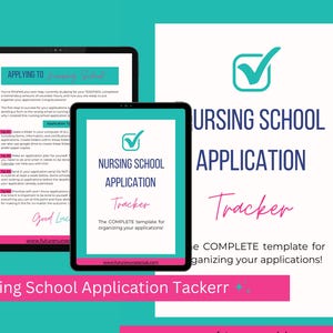 Puede incluir: Una descarga digital rosa y turquesa para un rastreador de aplicaciones de la escuela de enfermería. El texto en la imagen dice "Nursing School Application Tracker" y "The COMPLETE template for organizing your applications!"