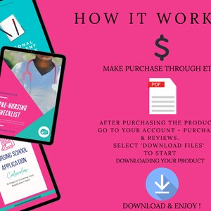 May include: A pink background with the text "HOW IT WORKS" in black. Below the text is a dollar sign and the text "MAKE PURCHASE THROUGH ETSY". A PDF icon is below the text. Below the icon is the text "AFTER PURCHASING THE PRODUCT, GO TO YOUR ACCOUNT - PURCHASES & REVIEWS. SELECT 'DOWNLOAD FILES' TO START DOWNLOADING YOUR PRODUCT". A blue downward arrow icon is below the text. Below the arrow is the text "DOWNLOAD & ENJOY!"