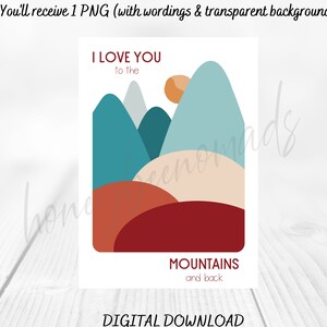 Cartão para impressão, pensando em você PNG SVG para baixar, cartão de felicitações faça você mesmo, eu te amo até as montanhas e de volta, estilo boho