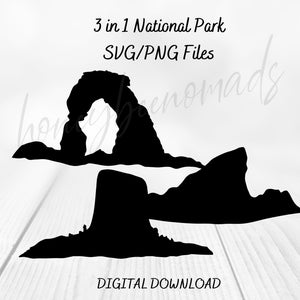 SVG PNG Nationalpark digitaler Download, schwarze Silhouette von Delicate Arch, Devils Tower und Grand Teton für Aufkleber, Aufbügeln, Cricut-Verwendung