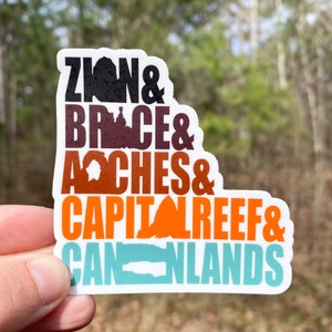 Vinyl Sticker of Utah Might 5 National Parks; Waterproof Sticker of Bryce Arches Zion Canyonlands Capitol Reef