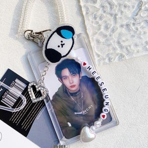 Kpop Photocard Holder, Cute Acrylic Photocard Holder Keychain, Custom Kpop Name Photocard Keychain, ID Card Holder, Rhinestone Heart Pendant