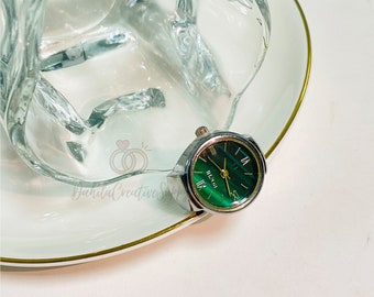 Mode Romeinse cijfervingerhorlogering, creatieve elastische ronde vingerring, vintage horlogeklokring, steampunkring, groene kwartshorlogering