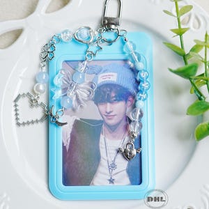 Llavero de corazón azul, accesorios de concierto de Kpop, llavero personalizado con foto y nombre de Kpop, llavero de cuentas hecho a mano y portafotos de Kpop