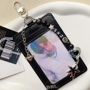 Porta-cartões de fotos em PU preto, porta-cartões de identidade, chaveiro personalizado para cartões de fotos K-pop, chaveiro personalizado para fotos K-pop, armazenamento para cartões de fotos