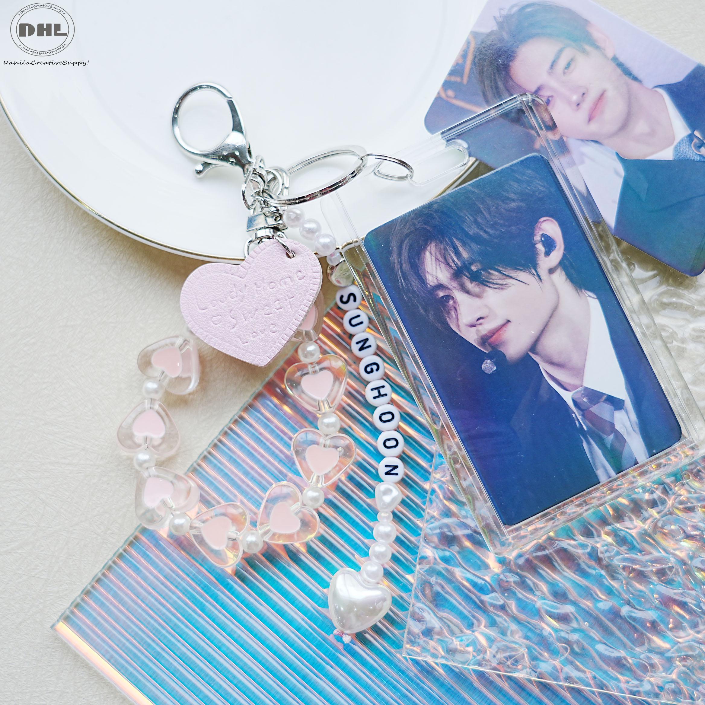 Acrylic Slide Double Card Heart Keychain,Custom Kpop Name Keychain,Personalized Photo Keychain,Handmade Beaded Keychain,Kpop Small Card Case