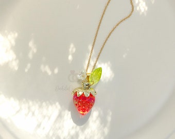 Fruit Themed Jewelry, Strawberry Fruit Necklace, 18k Gold