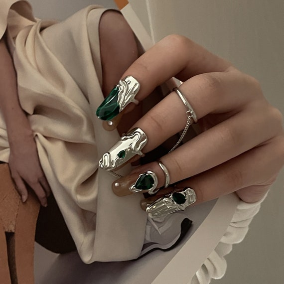 Emerald Nail Ring Set Chain Finger Ring Fingertip Ring Open