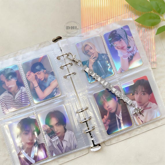 photo card holder kpop binder A5 Photocard with 30 Pack 4-Pocket Pages, 6 Ring A5 Binder Card Collector Album with 240 Card Slots,PU Leather Binder Cover with Magnetic Buckle Closure for Organizing Trading it features a heart Crystal Ripples Kpop Photocard Binder,Custom