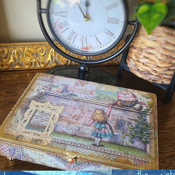 Upcycled Cigar Trinket Jewelry Box with Alice in Wonderland Theme – Whimsical Handcrafted Organizer - storage for trinkets, rings treasures