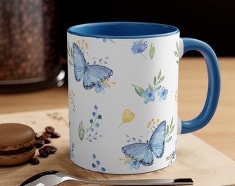 BUTTERFLY Ceramic Coffee MUG, Blue or Navy Accents, Butterfly Nature Lover GIFT, Housewarming Gift, Tea Mug, 11oz