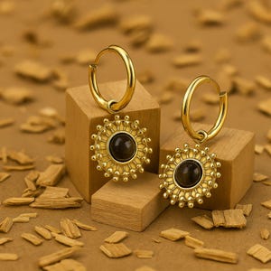 Gold Plated Hoop Earrings: Brown Stone Sunburst Dangle, Boho Jewelry
