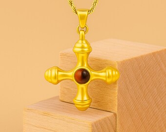 Goldenes Tigerauge Kreuz Anhänger - 14K Gelb- Oder Weißgold - 1 3/4 Zoll - Religiös