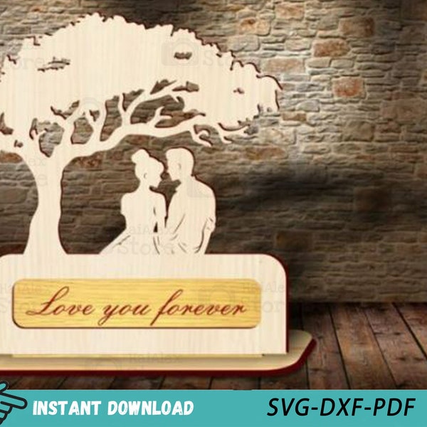 Wooden Couple Sitting Under Tree 3mm Laser Cut Files, Love Stand Template, Couple Gifts Svg Dxf Pdf Glowforge Cnc Cut, Instant Download