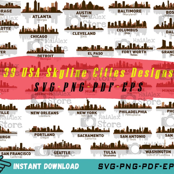 39 USA Skyline Cities Svg Bundle Files, US Cities Logo, American City Skyline Designs, Skyline Cities Svg Png Pdf Eps for Cricut Silhouette