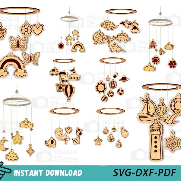 Wooden Baby Mobile Laser Cut Files, Baby Dreamcatcher Mobile Template, Baby Nursery Decor Gifts Svg Dxf Pdf for Laser Glowforge Cnc Cut