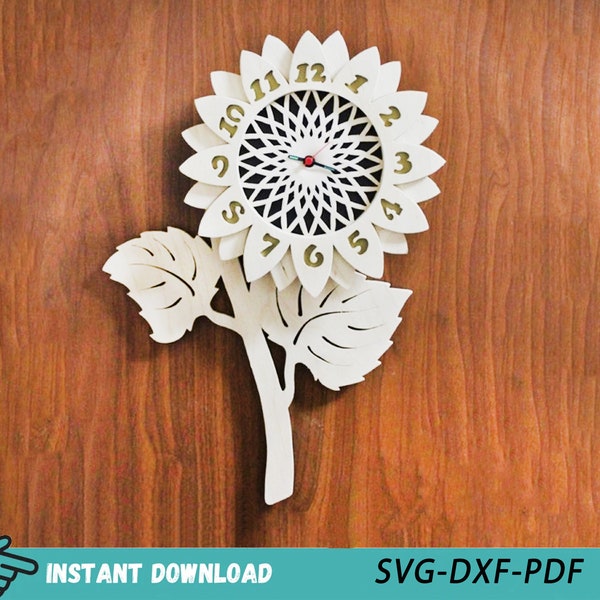 Sunflower Design Decorative Wall Clock Laser Cut Files, Wooden Wall Clock Template, Sunflower Wall Clock Vector, Wall Clock Svg Dxf Pdf Png