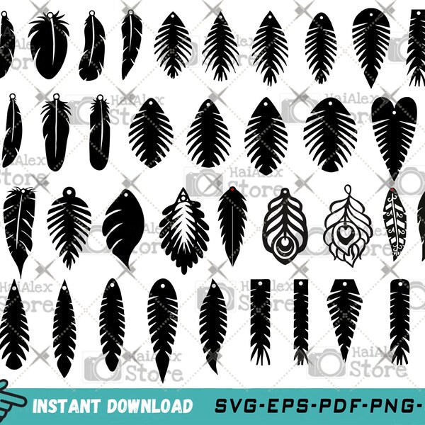 Feather Earring Svg 40 Styles for Glowforge Cricut Jewelry Pendant Laser Cut, Feather Earring Bundle Svg, Earring Template, Boho Earring Svg