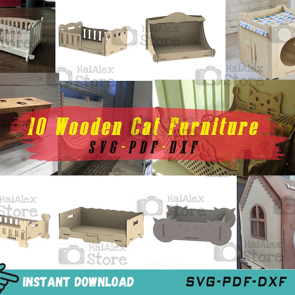 10 Wooden Cat Furniture Laser Cut Files, Wooden Cat Pet Supplies Svg Dxf Pdf, Cat Furniture Template, Pet Furniture Vector for Cnc Engraved