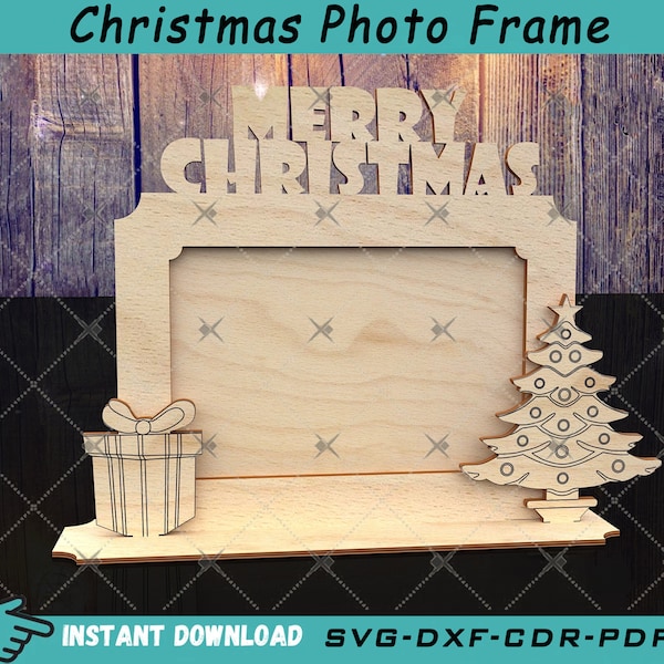Cadre photo en bois joyeux Noël avec arbre gravé et boîte-cadeau Format Svg Dxf Ai Cdr Pdf pour découpe laser, coupe Cnc