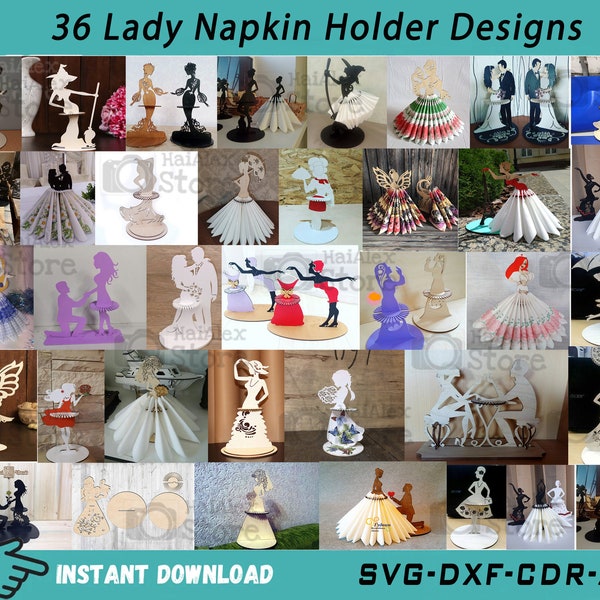 36 Wooden Napkin Holder Svg Files for Laser Cut, Lady Napkin Holder Vector Plan, Wedding Napkin Holder Svg Dxf Cdr Ai File for Cnc Glowforge