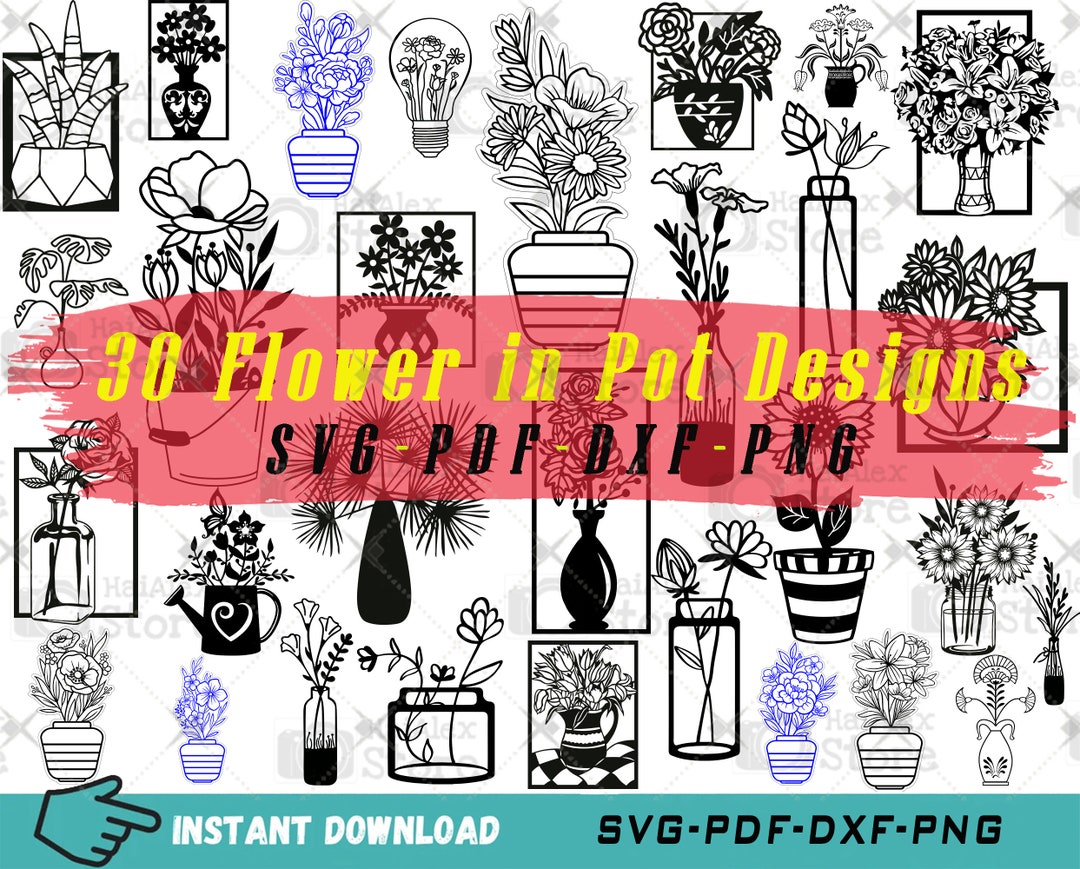 30 Plant Wall Decor Flower in Pot Svg Files for Laser Cut, Flower in ...
