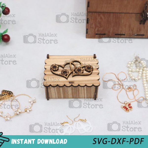 Decorative Small Wooden Jewelry Box 3mm Laser Cut File, Wooden Gift Box with Heart Cover Pattern, Wedding Box Svg Dxf Pdf for Glowforge