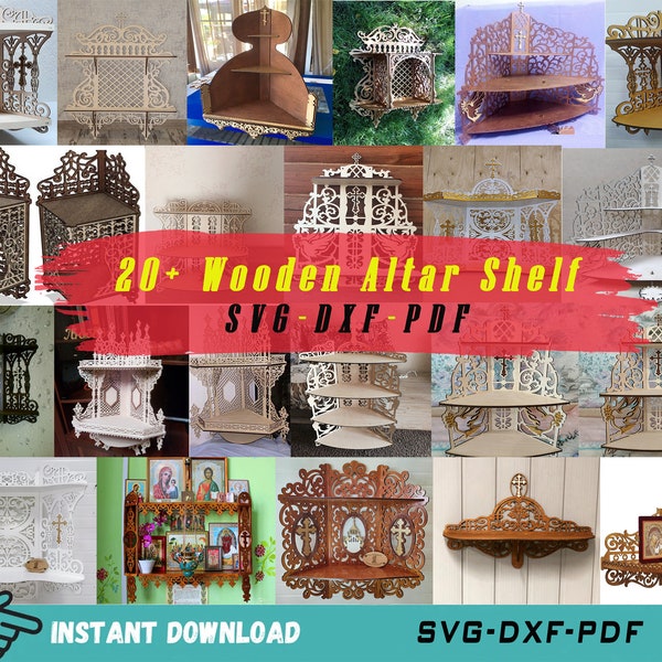 20+ Wooden Altar Shelf Svg Files for Laser Cut, Corner Shelf Pattern, Wall Altar Shelf with Cross Icon Template, Shelf Svg Dxf Pdf Format