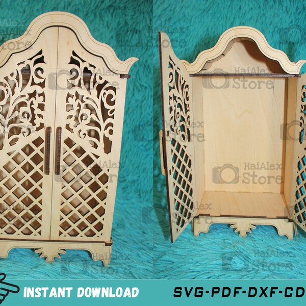 Garde-robe en bois poupée Laser Cut fichiers, placard poupée meubles Svg, modèle de meubles de poupée, armoire meubles maison de poupée Svg Dxf Pdf Cdr