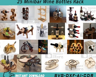 25 Wooden Minibar Wine Bottles Rack Svg Files for Laser Cut, Wooden Wine Rack, Wine Bottle Glass Shelf, Bottle Storage Holder Svg Dxf Ai Cdr