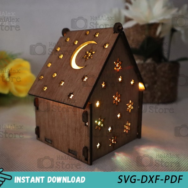 Wooden House Shaped Light Decor 3mm Laser Cut Files, Wooden Night Light Lamp 3D Puzzle Template, Lamp Pattern, Table Lamp Svg Dxf Pdf