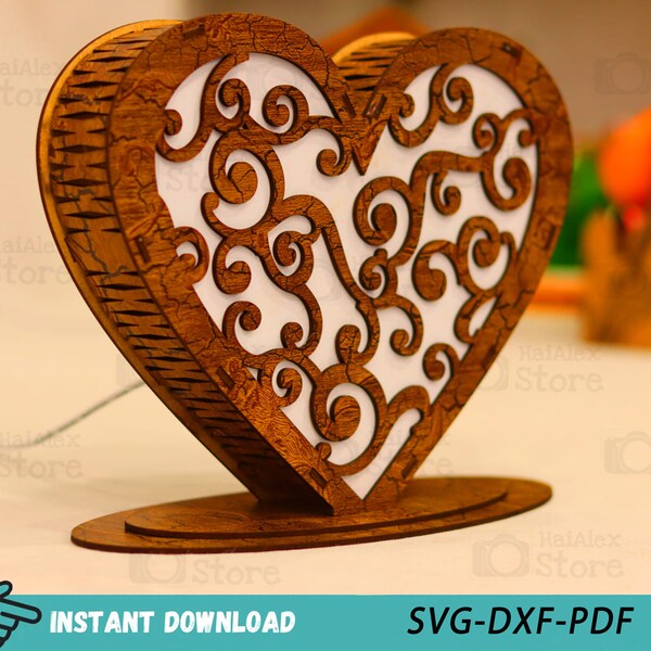 Lámpara en forma de corazón Archivos cortados con láser de 3 mm, plantilla de caja de corazón de amor, regalo del día de San Valentín Svg Dxf Pdf para Glowforge Cnc Cut - Personalizado disponible