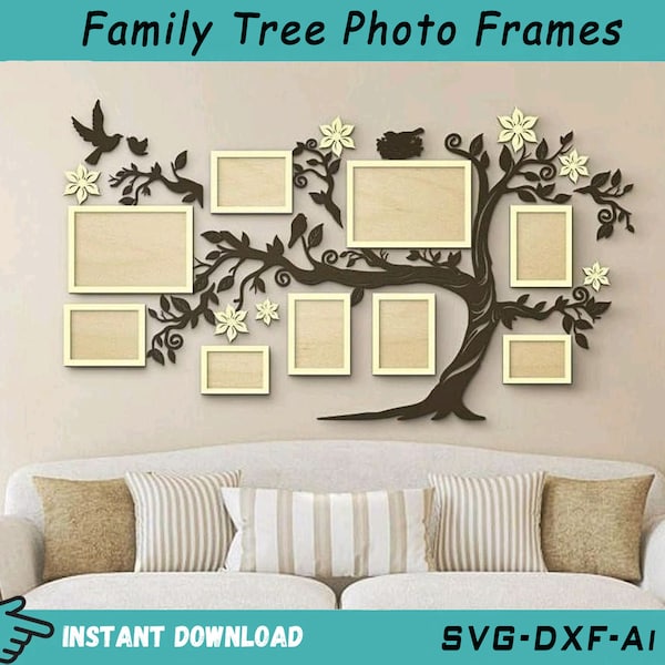 Cadres photo d’arbre généalogique SVG pour découpe laser, arbre généalogique avec 9 cadres photo SVG Dxf Ai Cdr fichier pour laser, découpe Cnc, contreplaqué bois décor à la maison