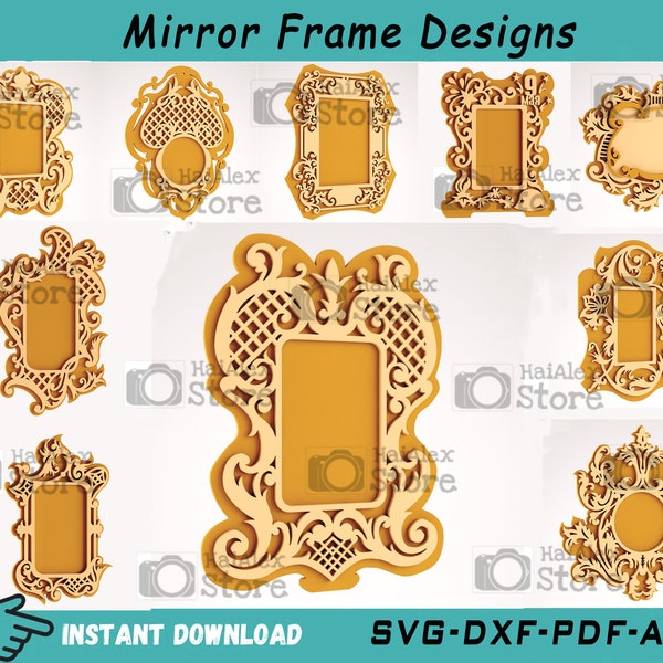 10 Wooden Vintage Mirror Frame Svg File for Laser Cut, Plywood 4mm Mirror Frame Design, Mirror Frame Cut File Svg Dxf Pdf Ai for Cnc, Cricut