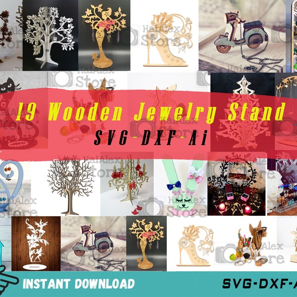 19 Wooden Jewelry Stand Svg Files for Laser Cut, Jewelry Display Template, Jewelry Storage Cut Files, Jewelry Stand Svg Dxf Ai for Cnc Cut