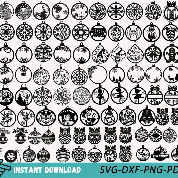 Bombki świąteczne ozdoby SVG pliki wycinane laserowo, ponad 300 wzorów na ozdoby choinkowe, dekoracje choinkowe SVG DXF Pdf Png-cyfrowe