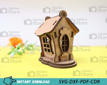 Wooden House Shaped Box 3mm Laser Cut Files, Gift Box 3D Puzzle Template, House Shaped Box Svg Dxf Pdf Cdr for Cnc Pattern Glowforge