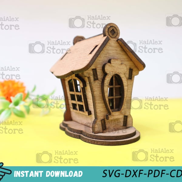 Wooden House Shaped Box 3mm Laser Cut Files, Gift Box 3D Puzzle Template, House Shaped Box Svg Dxf Pdf Cdr for Cnc Pattern Glowforge